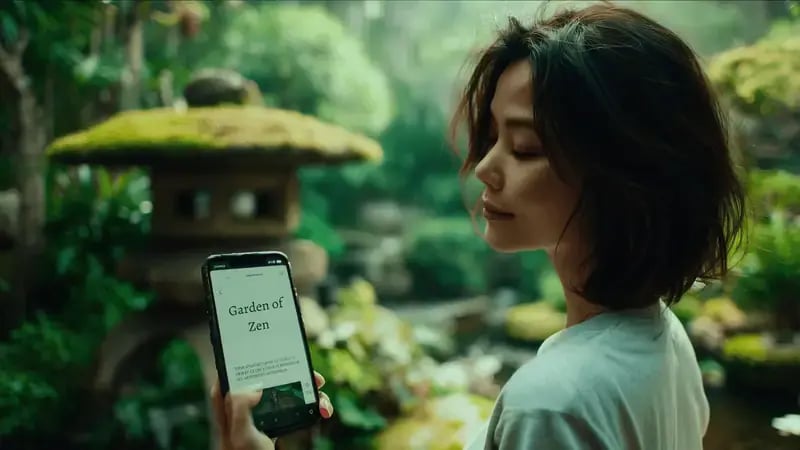A woman reads Zee's daily email on her phone in a Japanese garden