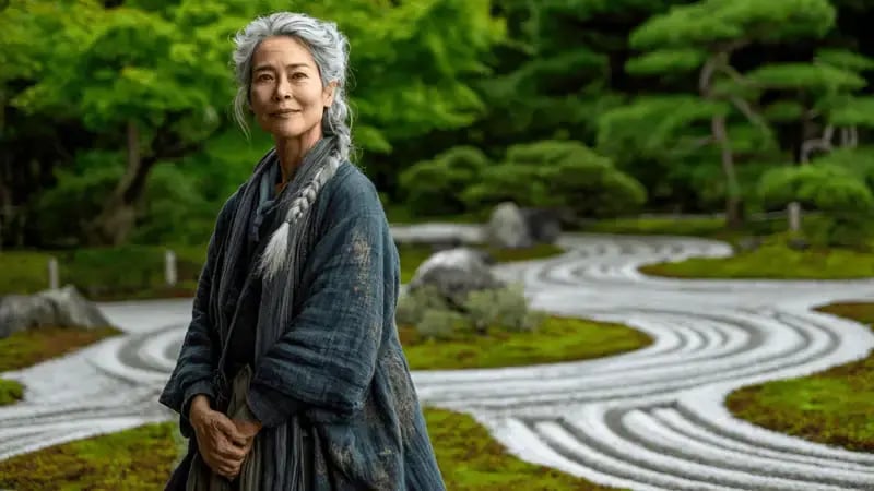 Zee, the AI coach character: a silver-haired woman in a Japanese zen garden with raked gravel